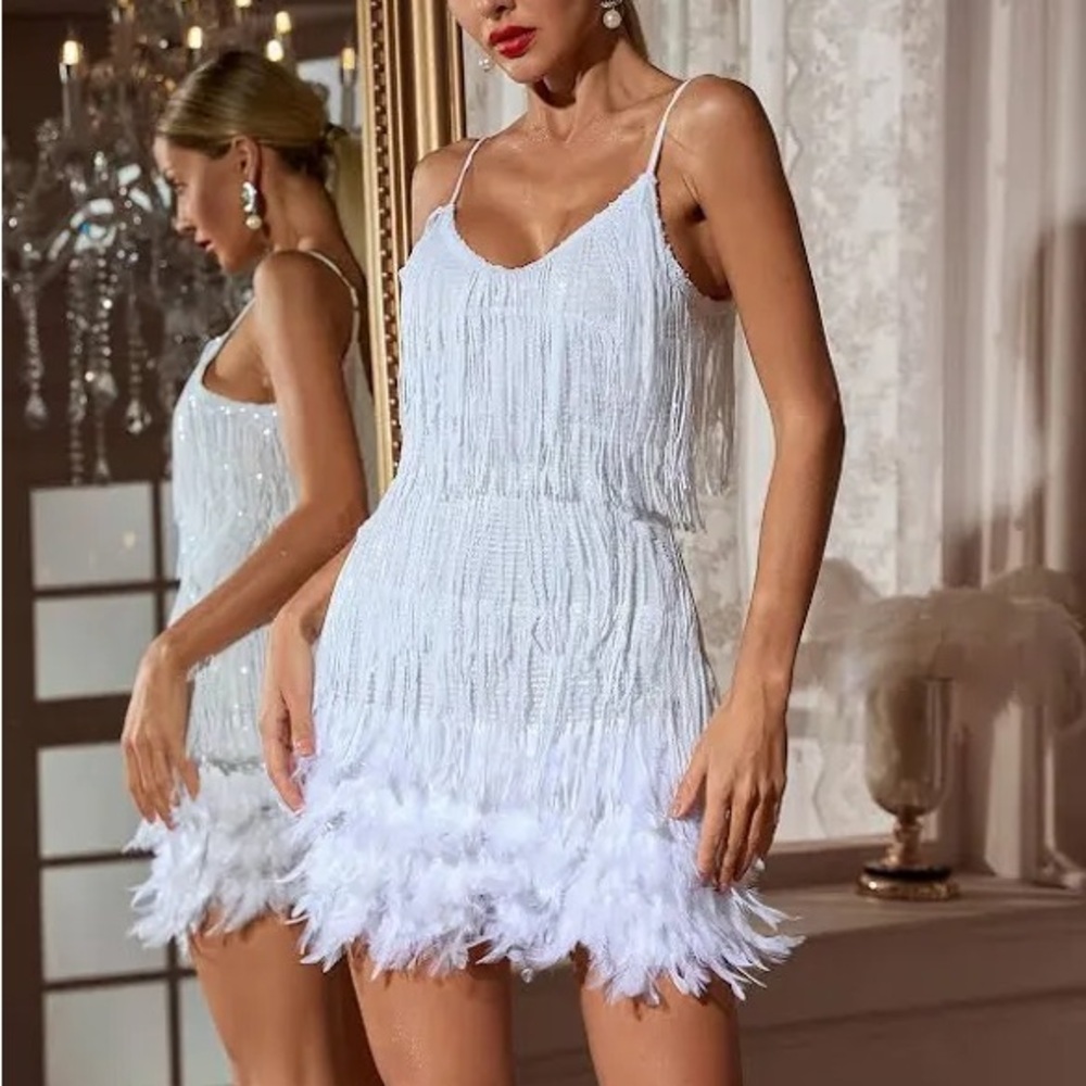 White Fringe feather Dress, mews mews